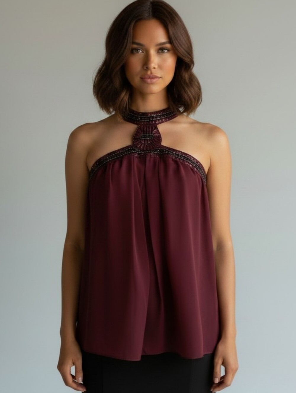 Y2K Charlotte Russe Sleeveless Beaded Sequin Top Lg Red Tribal Going Out Chiffon